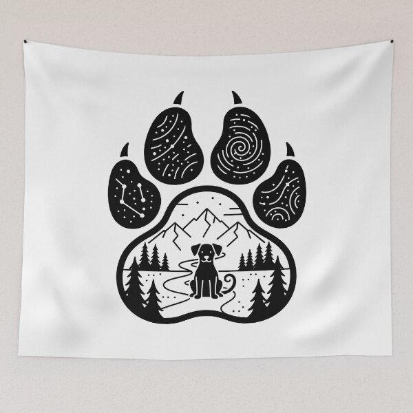 Item preview, Mystical Dog Paw with Forest and Mountains Black and White Illustration designed and sold by Timegraf.