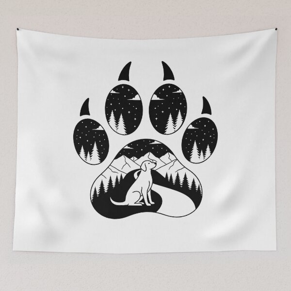 Item preview, Mystical Dog Paw with Forest and Mountains Black and White Illustration designed and sold by Timegraf.