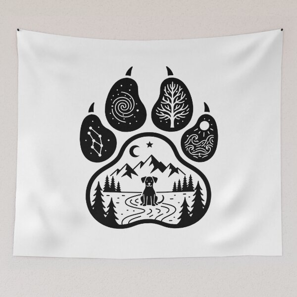 Item preview, Mystical Dog Paw with Forest and Mountains Black and White Illustration designed and sold by Timegraf.
