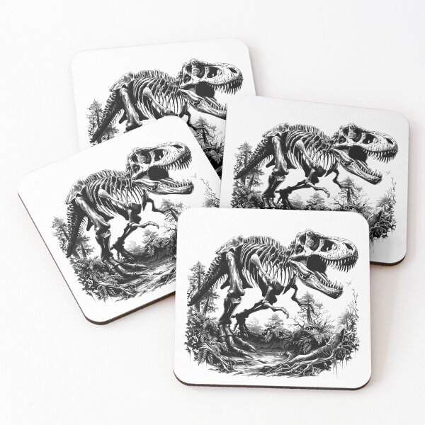 Item preview, T-Rex Fossil in Forest – Black and White Dinosaur Skeleton Illustration designed and sold by inkoutninja.