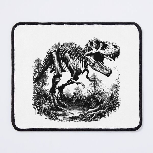 Item preview, T-Rex Fossil in Forest – Black and White Dinosaur Skeleton Illustration designed and sold by inkoutninja.
