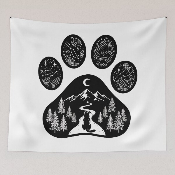 Item preview, Mystical Dog Paw with Forest and Mountains Black and White Illustration designed and sold by Timegraf.