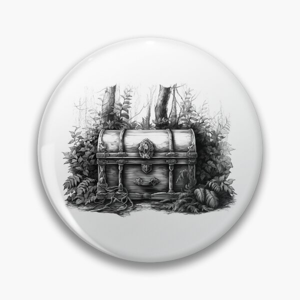 Item preview, Hidden Treasure Chest in Forest – Black and White Fantasy Adventure Illustration designed and sold by inkoutninja.