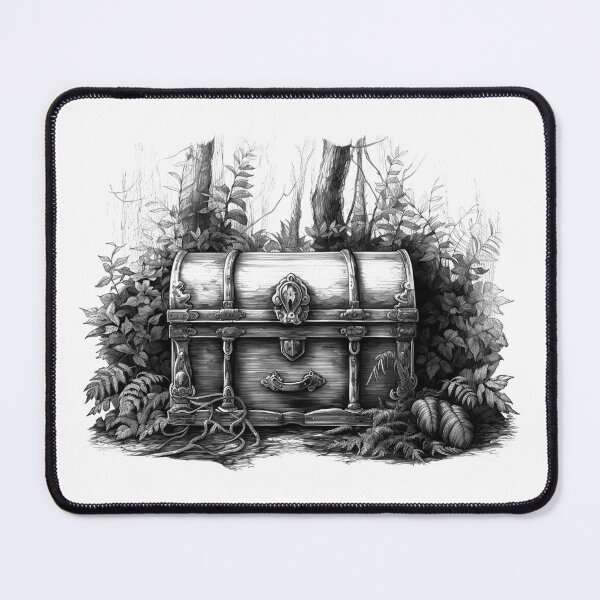 Item preview, Hidden Treasure Chest in Forest – Black and White Fantasy Adventure Illustration designed and sold by inkoutninja.