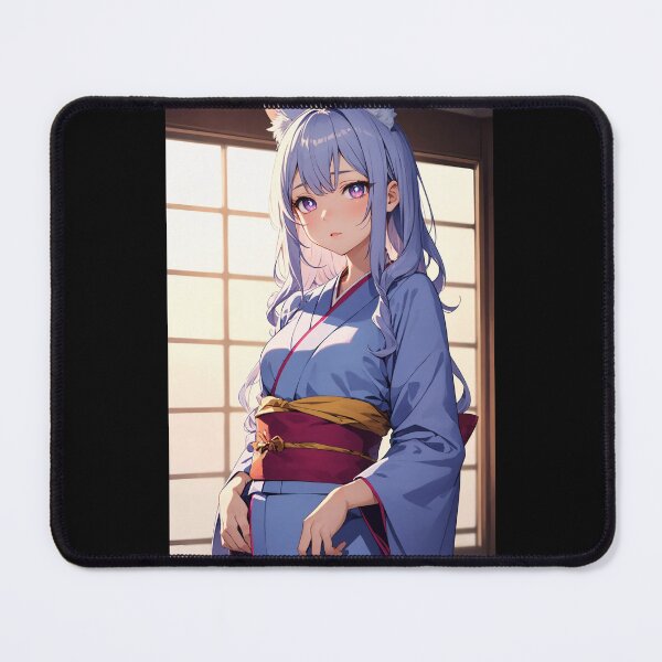 Item preview, Elegant Anime Cat Girl in Blue Kimono – Japanese Aesthetic Yukata Art designed and sold by iloveanimechibi.