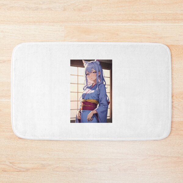 Item preview, Elegant Anime Cat Girl in Blue Kimono – Japanese Aesthetic Yukata Art designed and sold by iloveanimechibi.