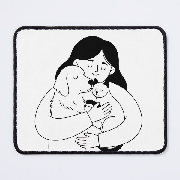 Item preview, Woman Hugging Dog and Cat Minimalist Black and White Illustration designed and sold by Timegraf.