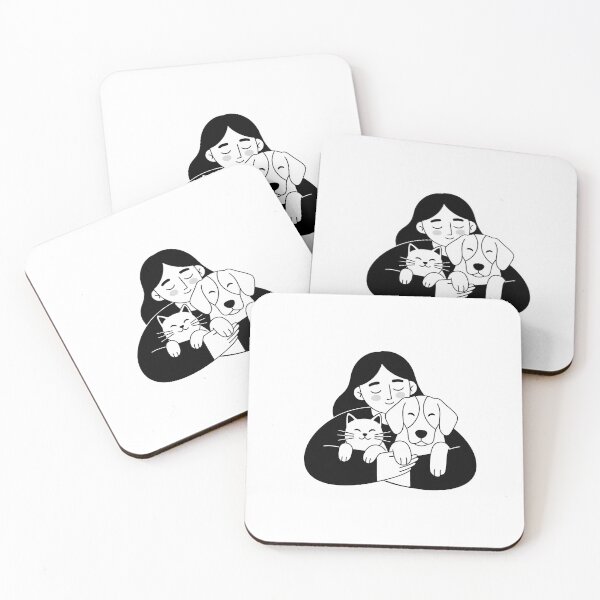 Item preview, Woman Hugging Dog and Cat Minimalist Black and White Illustration designed and sold by Timegraf.