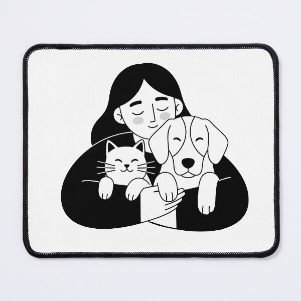 Item preview, Woman Hugging Dog and Cat Minimalist Black and White Illustration designed and sold by Timegraf.