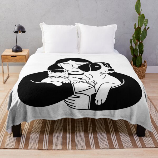 Item preview, Woman Hugging Dog and Cat Minimalist Black and White Illustration designed and sold by Timegraf.