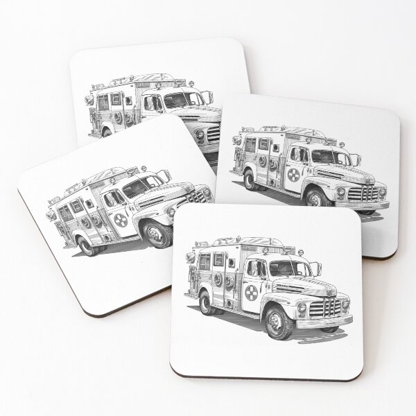Artikelvorschau, Oldtimer-Krankenwagen – Schwarz-Weiß-Illustration eines Retro-Einsatzfahrzeugs entworfen und verkauft von inkoutninja.
