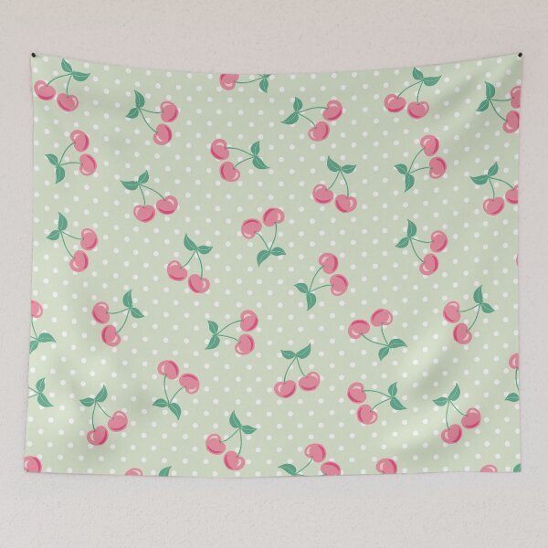 Item preview, Pink Cherries on Mint Background with light green polka dots designed and sold by Goolsby-Designs.