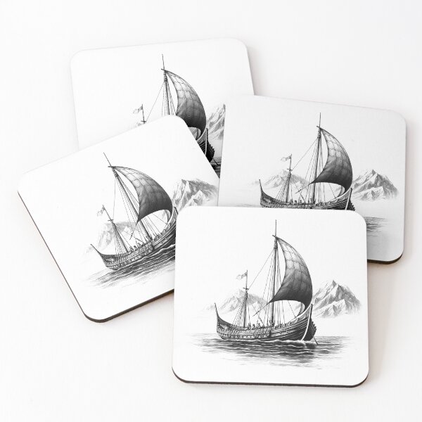 Item preview, Viking Longship at Sea – Black and White Norse Exploration Illustration designed and sold by inkoutninja.