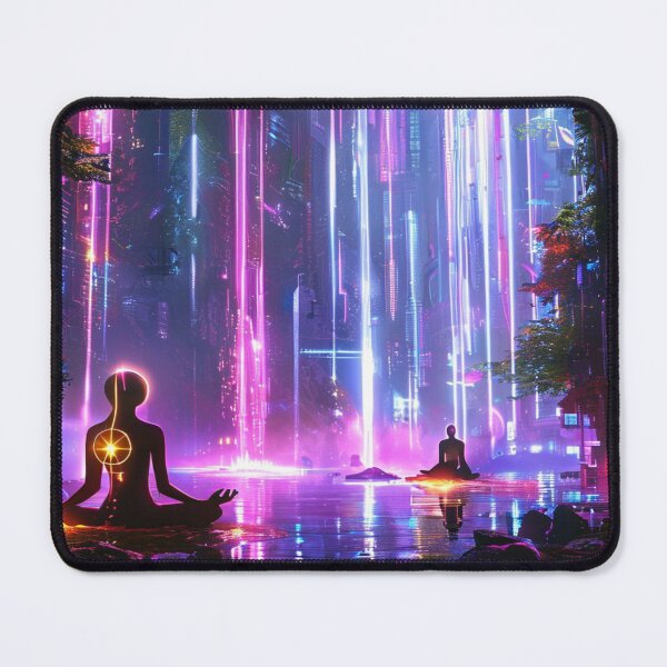 Item preview, Cyber Awakening – Meditative Figures in Neon Cityscape designed and sold by Cristhian Almanza.