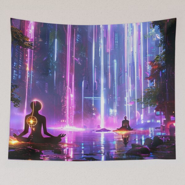Item preview, Cyber Awakening – Meditative Figures in Neon Cityscape designed and sold by Cristhian Almanza.