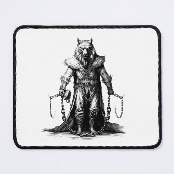 Item preview, Wolf Warrior with Chains – Black and White Dark Fantasy Werewolf Illustration designed and sold by inkoutninja.