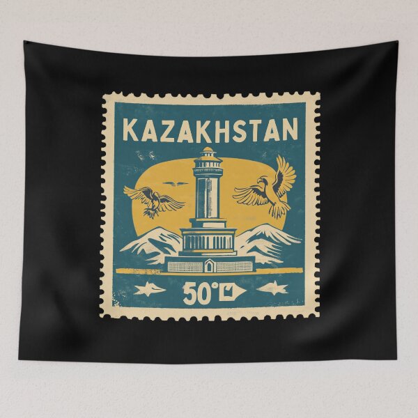 Item preview, Vintage Kazakhstan Postage Stamp Art - Bayterek Tower & Golden Eagles designed and sold by tiigerdad.