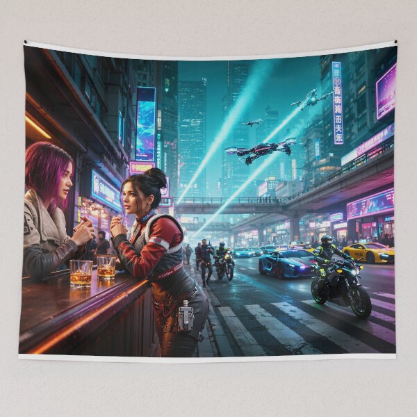 Item preview, Two ladies talking at a street bar in Night City designed and sold by aykiradesigns.