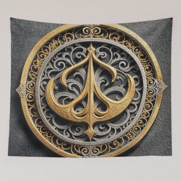 Item preview, Filigree ornate trishul on a medallion on top of baroque leather designed and sold by ShaDeS-AI-Art.