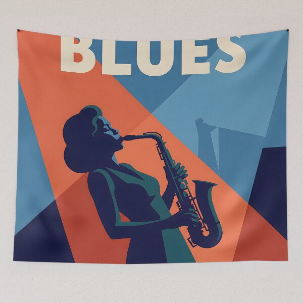 Item preview, Saxophone Blues Poster – Female Jazz Silhouette Wall Art, Retro Music Room Decor Print, Bold Blue Orange Stage Lights designed and sold by AbstractAuraArt.