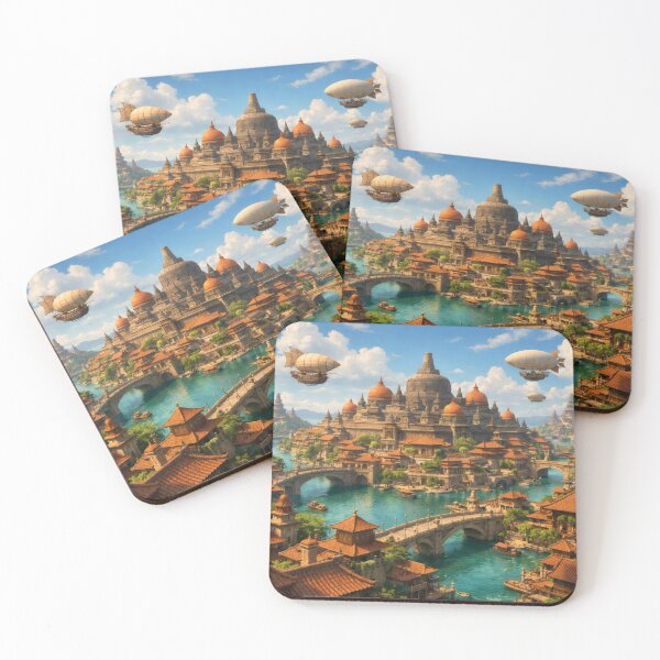 Item preview, Fantasy Java Sky City – Magical Island Cityscape Wall Art with Airships designed and sold by Spiritveil.