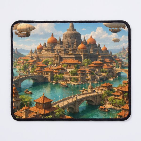 Item preview, Fantasy Java Sky City – Magical Island Cityscape Wall Art with Airships designed and sold by Spiritveil.