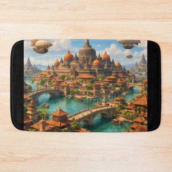 Item preview, Fantasy Java Sky City – Magical Island Cityscape Wall Art with Airships designed and sold by Spiritveil.