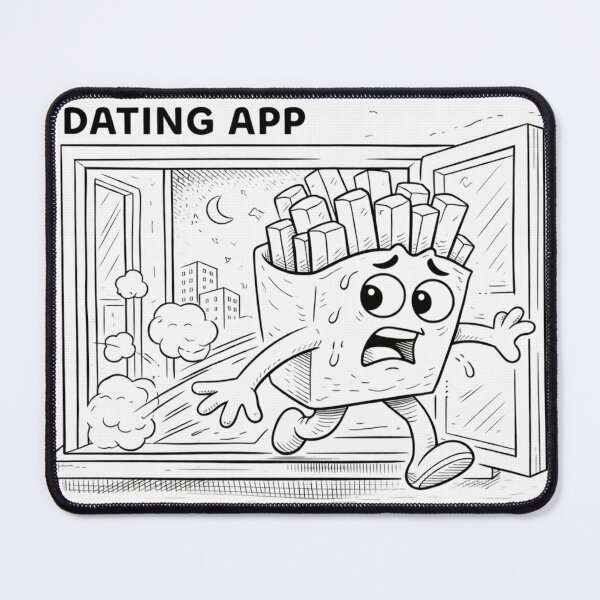 Item preview, Dating App Escape – Funny Fries Running Away from Online Dating | Black and White Art designed and sold by ComedyInkFactor.