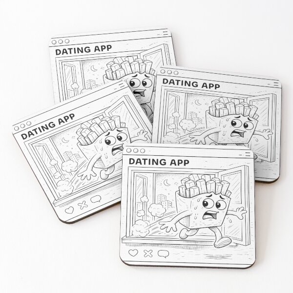 Item preview, Dating App Escape – Funny Fries Running Away from Online Dating | Black and White Art designed and sold by ComedyInkFactor.