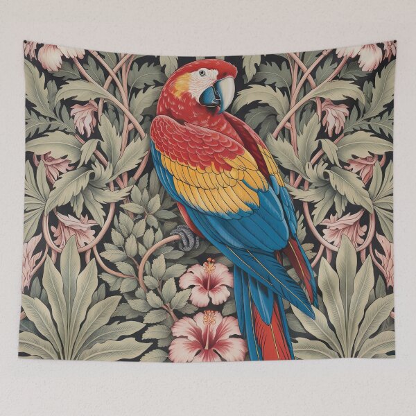 Item preview, William Morris Inspired Scarlet Macaw Arts & Crafts Botanical Art designed and sold by Tamas Das.
