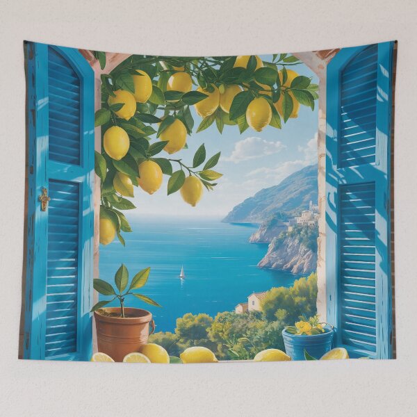 Item preview, Mediterranean Lemon Tree Window View Coastal Village Art designed and sold by Tamas Das.