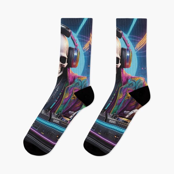Item preview, Skull DJ at the mixing console – Aesthetic neon music design designed and sold by Mauswohn.