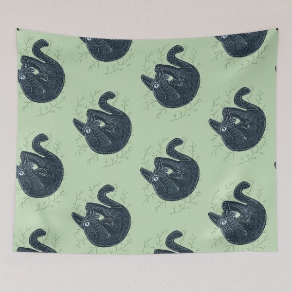 Item preview, Black kitten on a green background, hand-drawn, cat collection designed and sold by Dormitria.