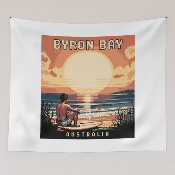 Item preview, Byron Bay Australia Pixel Art Surf Sunset Poster designed and sold by CircinusStore.