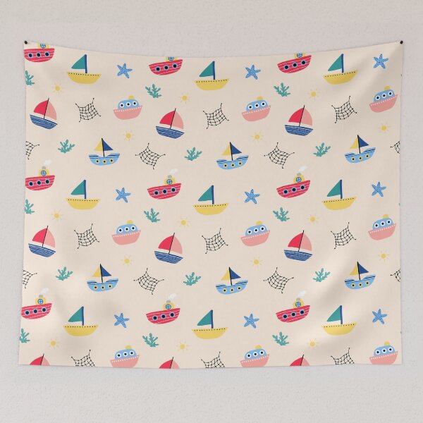 Item preview, Cute kids coastal sailing boats seaside coast beach starfish seaweed nets designed and sold by Nicola-Rowe.