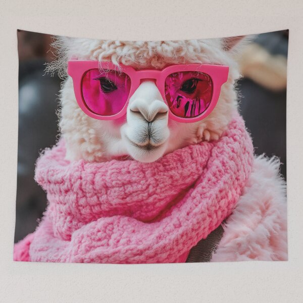 Item preview, A fashionable alpaca wearing pink sunglasses and a cozy scarf poses for the camera in a bustling urban setting designed and sold by anytka.