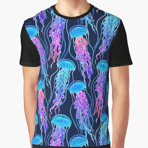 Luminescent Rainbow Jellyfish on Navy Blue Graphic T-Shirt