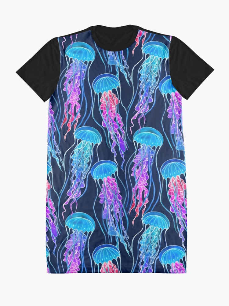 Graphic T-Shirt Dress, Luminescent Rainbow Jellyfish on Navy Blue designed and sold by micklyn