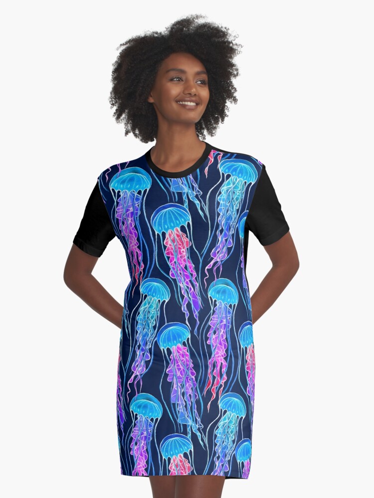 Thumbnail 1 of 5, Graphic T-Shirt Dress, Luminescent Rainbow Jellyfish on Navy Blue designed and sold by micklyn.