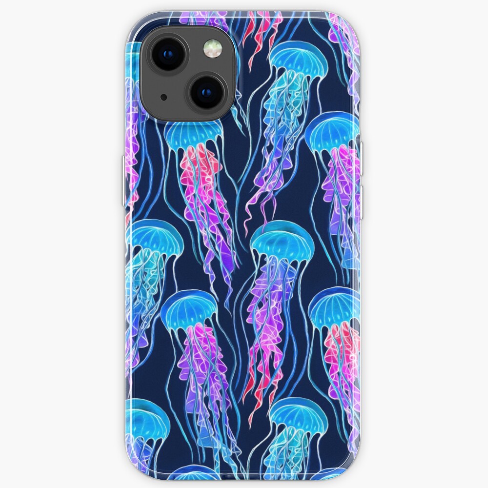 Luminescent Rainbow Jellyfish on Navy Blue iPhone Case
