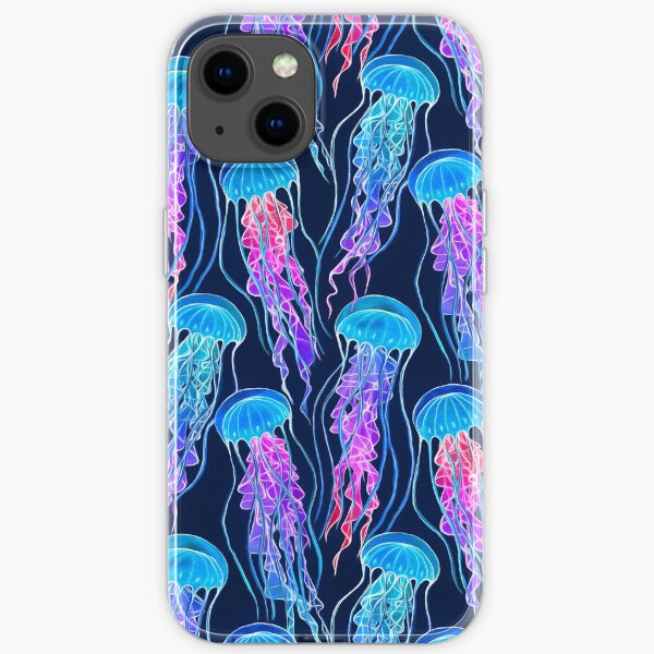 Luminescent Rainbow Jellyfish on Navy Blue iPhone Soft Case