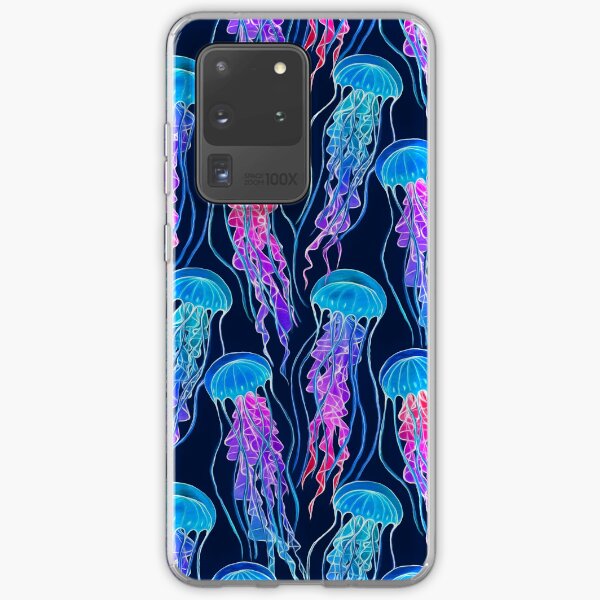 Aperçu de l'œuvre Méduse arc-en-ciel luminescente sur bleu marine créée et vendue par micklyn.