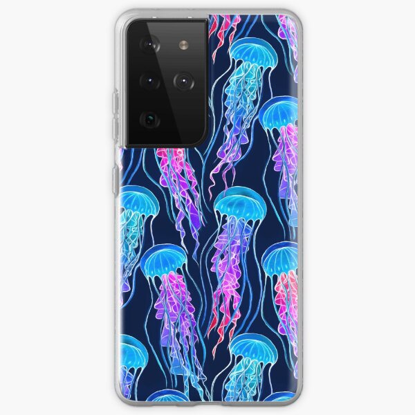 Aperçu de l'œuvre Méduse arc-en-ciel luminescente sur bleu marine créée et vendue par micklyn.