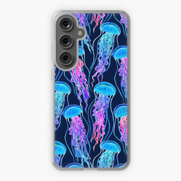 Aperçu de l'œuvre Méduse arc-en-ciel luminescente sur bleu marine créée et vendue par micklyn.