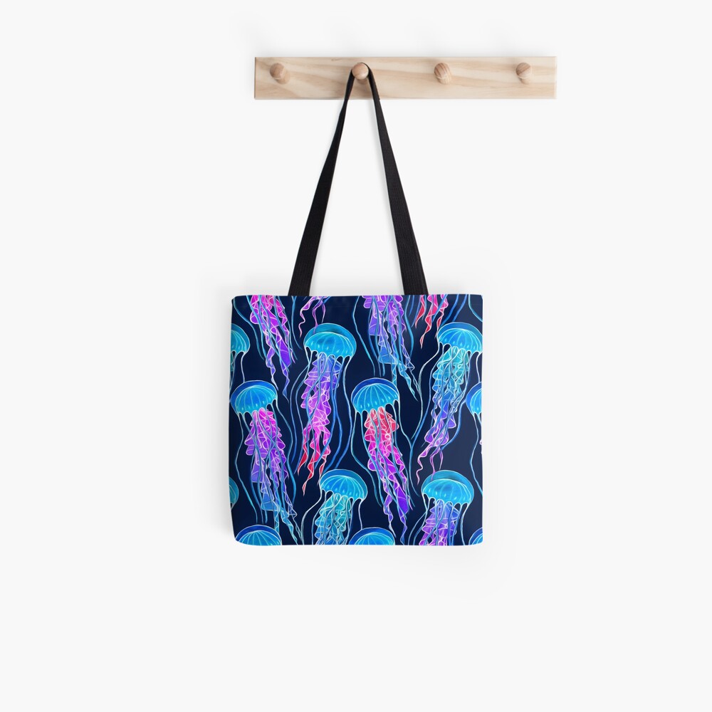Luminescent Rainbow Jellyfish on Navy Blue Tote Bag