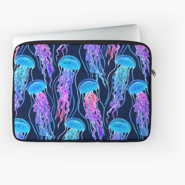 Luminescent Rainbow Jellyfish on Navy Blue Laptop Sleeve