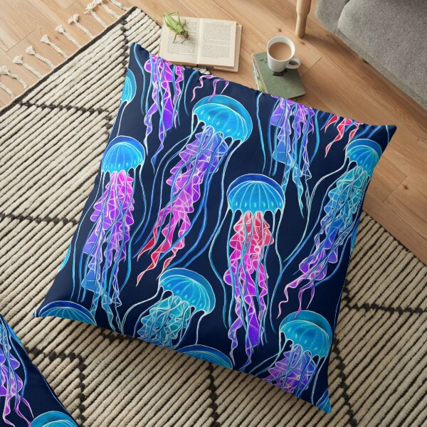 Luminescent Rainbow Jellyfish on Navy Blue Floor Pillow