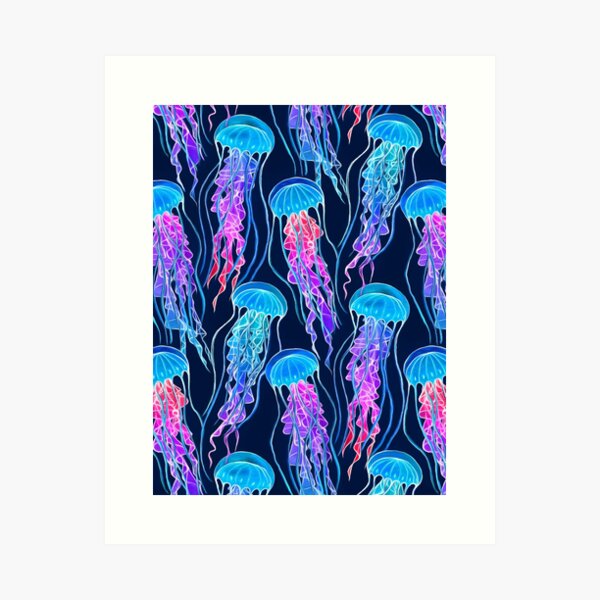 Luminescent Rainbow Jellyfish on Navy Blue Art Print