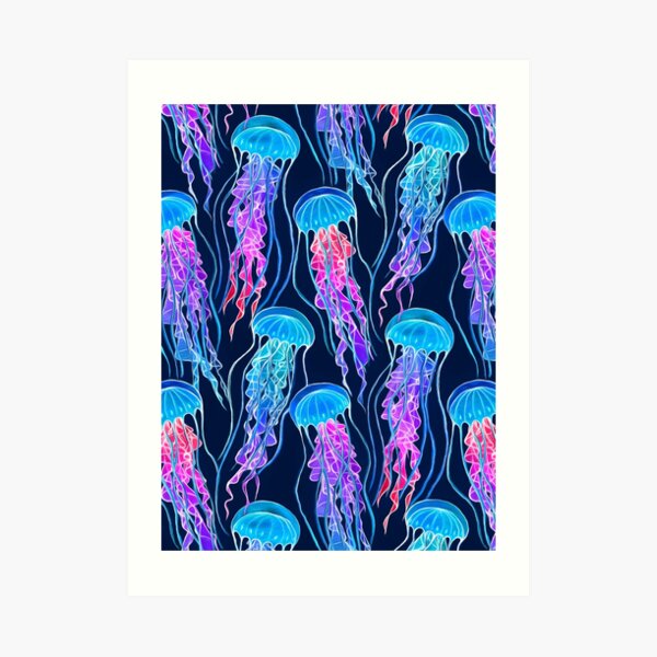 Luminescent Rainbow Jellyfish on Navy Blue Art Print
