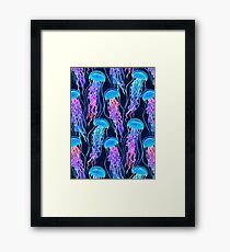 Luminescent Rainbow Jellyfish on Navy Blue Framed Print